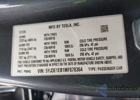 2021 Tesla Model 3 Long Range Dual Motor All-Wheel Drive from USA, damaged, VIN 5YJ3E1EB1MF878364